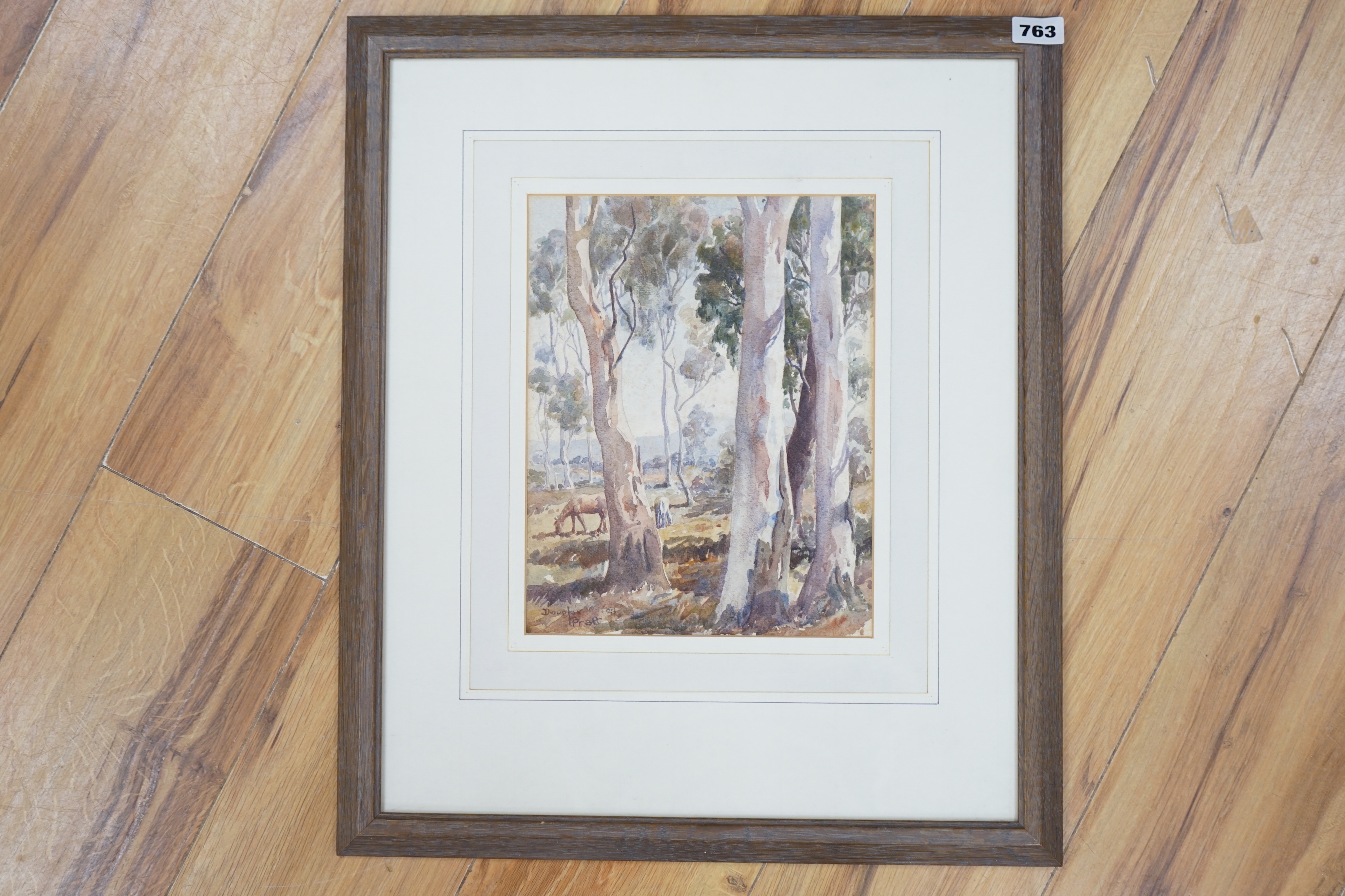 Douglas Pratt (Australian, 1900-1972), watercolour, Woodland landscape with horses, signed and dated '37, 26 x 21cm